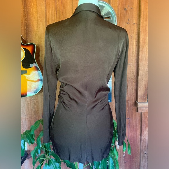 Zara Brown Long Sleeve Top Shirt Ruching Size M Viscose/Rayon - Picture 5 of 16